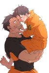  2boys age_difference akitaru_oubi bara barefoot black_hair black_shirt blush carrying carrying_person en'en_no_shouboutai eye_contact feet grin hands_on_another's_face highres jumpsuit jumpsuit_around_waist long_sleeves looking_at_another male_focus multiple_boys muscular muscular_male mzkenen onii-shota orange_jumpsuit pocket shinra_kusakabe shirt short_hair short_sleeves signature smile teeth undercut variant_set yaoi 