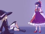  2girls apron are_you_my_master ascot black_hair black_veil blonde_hair bobby_socks bow braid closed_mouth commentary_request detached_sleeves fate/stay_night fate_(series) frilled_bow frilled_hair_tubes frills green_bow hair_bow hair_tubes hakurei_reimu hat highres kirisame_marisa long_hair long_sleeves mary_janes mito_(fate) multiple_girls parody red_bow red_eyes red_footwear red_skirt ribbon-trimmed_skirt ribbon-trimmed_sleeves ribbon_trim shoes side_braid signature single_braid sitting skirt skirt_set socks touhou veil very_long_hair waist_apron white_socks witch_hat yellow_ascot yellow_eyes 