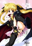  belt blonde_hair boots breasts cape fate_testarossa gloves hair_ribbon joy_ride long_hair lyrical_nanoha mahou_shoujo_lyrical_nanoha mahou_shoujo_lyrical_nanoha_a's medium_breasts nipples pussy red_eyes ribbon solo thighhighs torn_clothes twintails 