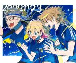  2022_fifa_world_cup 3boys :d ^_^ absurdres artist_name beard_stubble black-framed_eyewear black_choker blonde_hair blue_background blue_eyes blue_headband blue_shirt blush border brown_hair choker clenched_hands closed_eyes commentary_request confetti dated drop_shadow eyeliner facial_hair fushimi_gaku glasses grey_eyes grey_hair hair_between_eyes hair_ornament hands_up headband highres low_ponytail maimoto_keisuke makeup male_focus mature_male medium_hair multicolored_hair multiple_boys naruse_naru nijisanji ninahachi open_mouth outside_border pink_hair ponytail red_eyeliner ribbon_choker shirt short_hair short_sleeves simple_background sketch smile soccer_uniform sportswear stubble sweat teeth twitter_username upper_teeth_only v-shaped_eyebrows virtual_youtuber white_border world_cup x_hair_ornament 