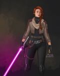 1girl artist_name belt black_bodysuit black_gloves bodysuit brown_jacket cropped_jacket energy_sword english_commentary fingerless_gloves gloves goggles goggles_around_neck green_eyes grey_scarf highres holding_lightsaber holster jacket jr_bartok lightsaber long_hair looking_to_the_side mara_jade open_clothes open_jacket orange_hair ponytail purple_lightsaber scarf signature solo standing star_wars sword thigh_holster weapon 