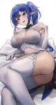  1girl absurdres alternate_ears alyssa_(specktech) ass bed_sheet blue_eyes blue_hair breasts commission dress elbow_gloves english_commentary gloves halterneck highres large_breasts looking_at_viewer lying monegi on_bed on_side open_mouth original pixiv_commission pointy_ears ponytail second-party_source short_dress side_ponytail smile solo teeth thighhighs thighs upper_teeth_only white_dress white_gloves white_thighhighs 