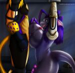 anthro bdsm bodily_fluids bondage bound breast_play breast_squish breasts cheetah cybernetic_limb cyberpunk duo felid feline flaccid genitals gynomorph hi_res intersex intersex/male kneeling kobold licking male mammal nipple_fetish nipple_play oral penile penis penis_lick proxana_(mithrilfoxsheppard) ruanshi saliva scalie sex squish story story_at_source story_in_description titfuck tongue