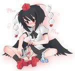  black_hair black_wings blush camera cervix exploration geta hat looking_down naik panties panties_around_one_leg pussy red_eyes self_shot shameimaru_aya short_hair smile solo speculum tengu-geta tokin_hat touhou underwear wings 