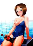  :p blush breast_slip breasts brown_hair coca-cola competition_school_swimsuit copyright_request cum cum_on_body cum_on_lower_body cum_on_upper_body medium_breasts nipples one-piece_swimsuit one_breast_out pool shima_taka short_hair solo strap_slip swimsuit tongue tongue_out 