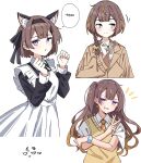  1girl alternate_costume animal_ears anya_melfissa anya_melfissa_(casual) apron artkimori black_dress blonde_hair blush brown_hair brown_jacket brown_vest cat_ears collared_shirt dress fake_animal_ears gradient_hair hair_ornament highres hololive hololive_indonesia jacket lightning_bolt_hair_ornament lightning_bolt_symbol looking_at_viewer maid maid_apron multicolored_hair neckerchief official_alternate_costume purple_eyes shirt short_hair smile solo streaked_hair v vest virtual_youtuber white_apron white_background white_shirt yellow_neckerchief 