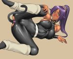  anal anal_object_insertion anal_tail bang-you bleach blush bodysuit breasts butt_plug cameltoe collar covered_nipples dark_skin fake_tail large_breasts lying object_insertion on_side ponytail purple_hair pussy_juice shihouin_yoruichi shiny shiny_skin simple_background solo spandex sweatdrop tail torn_clothes yellow_eyes 