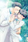  2boys age_difference akitaru_oubi black_hair blue_bow blue_bowtie blush bow bowtie closed_eyes coat collared_coat commentary_request couple cowboy_shot en'en_no_shouboutai flower grin highres holding_hands leaf male_focus multiple_boys mzkenen onii-shota pants pink_flower pink_rose rose rose_pin sharp_teeth shinra_kusakabe short_hair smile teeth undercut wedding white_coat white_pants yaoi 