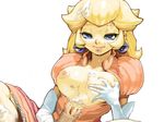  areolae blonde_hair blue_eyes blush breasts cum cum_on_body cum_on_breasts cum_on_upper_body dress earrings elbow_gloves facial gloves jewelry koki_(ryoushikiha) large_breasts long_hair mario_(series) nipples open_clothes open_shirt pink_dress princess_peach shirt smile solo super_mario_bros. 