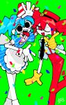  2girls color_contrast colored_skin confetti crazy crossed_legs dress drill_hair feet_out_of_frame gloves green_background hatsune_miku kasane_teto mesmerizer_(vocaloid) multiple_girls nashiro_(746nsr) no_pupils one_eye_closed pinstripe_dress pinstripe_hat pinstripe_pattern red_suspenders saturated sharp_teeth shirt smiley_hair_ornament standing standing_on_one_leg striped_clothes striped_hat striped_shirt sweatdrop synthesizer_v teeth thick_outlines tongue tongue_out twin_drills visor_cap vocaloid white_skin yellow_gloves 