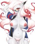  anthro areola bottomless breasts clothed clothing eyewear female galutine genitals glasses hi_res hisuian_form hisuian_zoroark looking_at_viewer nintendo nipples pink_areola pink_nipples pok&eacute;mon pok&eacute;mon_(species) pussy red_eyes regional_form_(pok&eacute;mon) simple_background solo video_games white_background white_body 