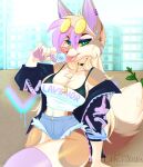  2022 5_fingers anthro blue_eyes breasts canid canine canis claws clothed clothing day digital_media_(artwork) domestic_dog ei-ka eyebrows eyelashes eyewear female fingers fur glasses green_eyes hair hi_res inside looking_at_viewer mammal smile 