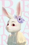  1girl absurdres artist_name beastars closed_mouth copyright_name cyril_(ssl-c) flower furry furry_female hair_flower hair_ornament haru_(beastars) highres looking_at_viewer portrait puffy_sleeves purple_flower rabbit_girl red_eyes smile solo upper_body 