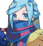  1boy blue_eyes blue_hair blue_mittens commentary_request eyelashes grusha_(pokemon) hand_up holding holding_poke_ball hyou_(hyouga617) jacket long_hair long_sleeves looking_at_viewer male_focus poke_ball poke_ball_(basic) pokemon pokemon_(game) pokemon_sv scarf scarf_over_mouth solo upper_body white_background yellow_jacket 