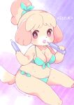  animal_crossing anthro bikini bodily_fluids breasts canid canine canis cleavage clothed clothing domestic_dog female isabelle_(animal_crossing) looking_at_viewer mammal nintendo open_mouth pattern_background simple_background sitting solo sweat swimwear video_games water_bottle yokikana_yk 