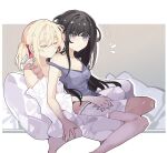  2girls alternate_hairstyle bed black_hair blonde_hair closed_eyes haobuguniao highres hug hug_from_behind inoue_takina light_blush long_hair lycoris_recoil medium_hair multiple_girls nishikigi_chisato pillow purple_eyes shorts tank_top twintails yuri 