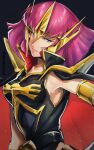  1girl arm_at_side armband black_background breasts cape chanmura cowboy_shot from_side gundam gundam_zz haman_karn headpiece highres looking_at_viewer medium_breasts medium_hair pink_hair purple_eyes red_cape smirk solo 