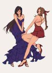 2girls aerith_gainsborough alternate_color backless_dress backless_outfit bangs bare_arms black_hair blue_dress blue_flower braid braided_ponytail breasts brown_eyes brown_hair cleavage cosplay costume_switch dress final_fantasy final_fantasy_vii final_fantasy_vii_remake flower full_body green_eyes grey_background grey_footwear hair_flower hair_ornament hair_ribbon hand_on_own_knee high_heels highres large_breasts legs lingerie long_dress long_hair multiple_girls negligee parted_bangs red_dress red_footwear red_ribbon ribbon sera_(serappi) short_dress sidelocks straight_hair strapless strapless_dress tifa_lockhart underwear v_arms 