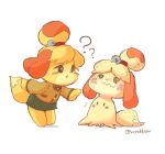  animal_crossing anthro blush canid canine canis chibi domestic_dog duo female isabelle_(animal_crossing) mammal mimikyu nintendo open_mouth pok&eacute;mon pok&eacute;mon_(species) question_mark simple_background video_games vvyukkev white_background 