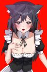  1girl absurdres animal_ears bangs black_eyes black_hair blush breasts cat_ears cleavage collarbone commentary fang hand_on_own_chest highres large_breasts long_hair looking_at_viewer love_live! love_live!_nijigasaki_high_school_idol_club lowlight1010 maid red_background sidelocks solo upper_body yuuki_setsuna_(love_live!) 