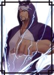  1boy alternate_costume animal_costume artist_request bara beard black_hair blue_eyes cat_costume cyphers dark-skinned_male dark_skin electricity facial_hair fighting_stance highres lleyton male_focus mature_male muscular muscular_male pectoral_cleavage pectorals short_hair solo upper_body 