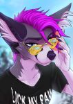  2022 5_fingers anthro blue_eyes breasts canid canine claws clothed clothing digital_media_(artwork) eyebrows eyelashes eyewear female fingers glasses hair hi_res inner_ear_fluff mammal omesore purple_hair solo tuft 