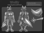  anthro canid canine canis featureless_crotch handpaw liquid_metal mace mace_tail male mammal melee_weapon metal metallic_body model_sheet no_pupils nude paws solo text unknown_artist weapon weapon_tail wolf 