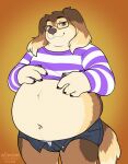  2022 4_fingers anthro brown_body brown_fur brown_nose canid canine canis clothed clothing digital_media_(artwork) domestic_dog eyebrows eyelashes fingers fur glassesbrown_hair hi_res kittydee looking_at_viewer male mammal overweight smile solo 