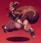  absurd_res ankle_cuffs anthro bag big_butt brown_body butt clothing cuff_(restraint) female gloves handwear hi_res holding_bag holding_knife holding_object horn huge_butt huge_thighs knife kobold looking_at_viewer looking_back piko_(simplifypm) restraints riendonut running scalie smile solo thick_thighs wide_hips 