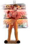  absurd_res antlers balls bar barechest barefoot barman beard bottomwear cervid cervine clothing cut_dick digital_media_(artwork) facial_hair feet genitals hector_(gearfox98) hi_res horn male mammal pants pecs penis pinup pose smile solo suspenders veiny_dick 