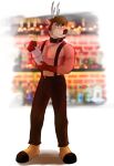  absurd_res antlers bar barechest barefoot barman beard bottomwear bow_tie cervid cervine clothing digital_media_(artwork) facial_hair feet hector_(gearfox98) hi_res horn male mammal pants pecs pinup pose smile solo suspenders 