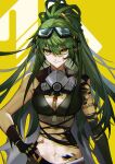  1girl absurdres aheng arknights bangs bare_shoulders black_gloves crop_top gavial_(arknights) gavial_the_invincible_(arknights) gloves goggles goggles_on_head green_hair hand_on_hip highres long_hair looking_at_viewer mask mask_around_neck midriff navel oripathy_lesion_(arknights) pointy_ears solo stomach torn_clothes torn_gloves upper_body very_long_hair yellow_background yellow_eyes 
