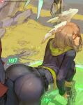  1boy 1girl ass bangs bent_over black_bodysuit black_jacket blue_eyes blush bodysuit breasts brown_hair bulge cutesexyrobutts eunie_(xenoblade) green_hoodie head_wings highres hood hoodie jacket large_breasts long_sleeves looking_back noah_(xenoblade) red_jacket smile solo_focus staff weapon white_wings wings xenoblade_chronicles_(series) xenoblade_chronicles_3 