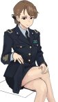  1girl black_eyes blue_jacket blue_skirt bow brown_hair buttons clothes_lift crossed_legs dress_shirt epaulettes hair_bow hand_on_leg jacket long_sleeves military military_uniform necktie original pencil_skirt perfect_han shirt short_hair simple_background sitting skirt skirt_lift solo uniform white_background 