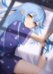  1girl ahoge bangs between_thighs blue_hair blue_nails blue_pajamas closed_mouth elf hair_between_eyes heart heart_ahoge highres hololive long_hair looking_at_viewer lying multicolored_hair nail_polish object_hug on_bed on_side pajamas pillow pillow_hug pointy_ears solo streaked_hair thomas_8000 very_long_hair virtual_youtuber yellow_eyes yukihana_lamy 