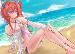  1girl arknights bangs bare_shoulders beach bikini breasts dryegen frills hair_intakes highres horns large_breasts long_hair looking_at_viewer navel red_hair solo stomach surtr_(arknights) surtr_(colorful_wonderland)_(arknights) swimsuit white_bikini 