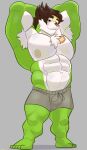  big_muscles brown_hair bulge chesnaught green_body green_skin hair hi_res humanoid male marcelo_solava muscular nintendo nipples pok&eacute;mon pok&eacute;mon_(species) shield solo tattoo the_shark_same video_games white_body white_chest_tuft white_skin 