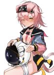 1girl ;( absurdres animal_ears arknights arusu_mie_mie_zi bangs black_choker black_hairband black_jacket blush braid breasts cat_ears cat_girl cat_tail choker closed_mouth goldenglow_(arknights) hairband headwear_removed helmet helmet_removed highres id_card invisible_chair jacket lightning_bolt_print long_hair long_sleeves looking_at_viewer naked_jacket nipples no_bra no_panties orange_eyes pink_hair pink_jacket simple_background single_braid sitting small_breasts solo space_helmet tail thigh_strap v-shaped_eyebrows white_background 