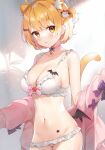  1girl animal_ears ayamy bangs blonde_hair blush bra breasts cat_ears cat_girl cat_tail choker cleavage extra_ears hair_ornament hairclip highres hololive jacket large_breasts looking_at_viewer off_shoulder open_clothes open_jacket panties parted_lips pink_choker pink_jacket solo star_tattoo stomach tail tattoo underwear virtual_youtuber white_bra white_panties yellow_eyes yozora_mel 