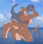  5_fingers absurd_res anthro big_breasts big_butt blue_eyes breasts brown_body brown_scales butt cloud curvy_figure female fin_ring fingers fish gills hi_res marine nude sanfingulipunrapin scales scar sea shark sharp_teeth side_boob sky solo teeth thick_thighs voluptuous water wet 