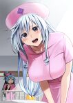  2girls :d aqua_(konosuba) bangs bed blue_hair blush breasts contemporary eris_(konosuba) gradient gradient_background grey_hair hat highres hospital ii_desu_ka_ochitsuite_kiite_kudasai_(meme) izawa_(bhive003) kono_subarashii_sekai_ni_shukufuku_wo! large_breasts long_hair looking_at_viewer meme multiple_girls nurse nurse_cap red_eyes shiny shiny_hair short_sleeves smile teeth tongue upper_teeth 