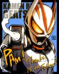  1boy animal_ears blue_background fox fox_ears gun handgun helmet highres kamen_rider kamen_rider_geats kamen_rider_geats_(series) kitsune lightning magnum_boost magnum_shooter_40x male_focus milestone_celebration moyan orange_eyes scarf smoke smoke_trail solo tokusatsu upper_body weapon white_armor white_scarf 