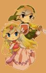  1boy 1girl artist_name back belt blonde_hair blue_eyes blush closed_mouth dress floating_hair full_body gloves jewelry link long_hair looking_up multicolored_hair multiple_persona necklace open_mouth pink_dress princess_zelda shield the_legend_of_zelda the_legend_of_zelda:_spirit_tracks the_legend_of_zelda:_the_wind_waker tiara tokuura toon_link toon_zelda 