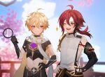  2boys aether_(genshin_impact) ahoge armor bangs bare_shoulders blonde_hair cape closed_eyes crop_top earrings genshin_impact gloves green_eyes highres japanese_armor jewelry looking_at_viewer magnifying_glass male_focus midriff mole mole_under_eye multicolored_hair multiple_boys navel one_eye_closed open_mouth orange_cape oxygen_(0220) red_hair shikanoin_heizou single_earring smile streaked_hair yellow_eyes 