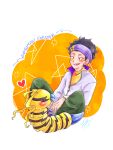  &lt;3 absurd_res accessory antennae_(anatomy) bandai_namco beak black_hair blush digimon digimon_(species) digimon_survive duo eyeless feral hair headband hi_res human kunemon male mammal raindrops_(pixiv) ryou_tominaga segmented_body yellow_body 