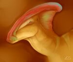  ambiguous_gender brown_eyes bust_portrait dinosaur feral glistening glistening_eyes hadrosaurid imperatorcaesar mouth_closed ornithischian parasaurolophus portrait red_body reptile scales scalie side_view signature simple_background solo tan_body tan_scales 