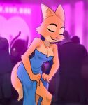  2022 anthro breasts canid canine centinel303 cleavage clothed clothing clothing_lift countershade_fur countershading diane_foxington dipstick_tail dreamworks dress dress_lift eyes_closed female fox fur jewelry mammal markings necklace orange_body orange_fur smile solo tail_markings the_bad_guys 