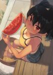  1girl :t black_hair black_shorts breasts camisole cleavage closed_mouth commentary_request denim denim_shorts eating food from_above fruit highres holding holding_food holding_fruit kaedeko_(kaedelic) large_breasts looking_at_viewer oppai_loli original red_eyes sasaki_kanna_(kaedeko) short_hair shorts sitting solo tan tanlines twintails watermelon yellow_camisole 