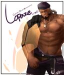  1boy abs alternate_costume artist_request bandaid bandaid_on_cheek bandaid_on_face bara bare_pectorals beard belt black_hair brown_male_underwear clothes_pull cyphers damian_doyle_(cyphers) dark-skinned_male dark_skin facial_hair feet_out_of_frame headwear_request jewelry male_focus male_underwear male_underwear_peek mature_male mohawk muscular muscular_male navel navel_hair necklace nipples open_belt pants pants_pull pectorals purple_headwear purple_pants seductive_smile shirt short_hair smile solo standing stomach thigh_belt thigh_strap thighs torn_clothes torn_shirt underwear 