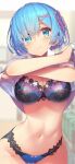  1girl artist_request blue_eyes blue_hair clothes_lift hair_ornament highres navel open_clothes open_shirt panties re:zero_kara_hajimeru_isekai_seikatsu rem_(re:zero) shirt shirt_lift smile solo source_request underwear white_shirt x_hair_ornament 